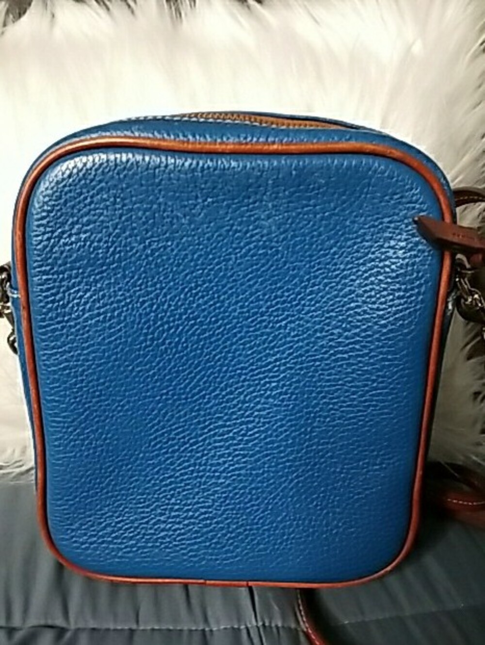 Dooney & Bourke Blue Pebbled Leather Crossbody with Brown Trim - Picture 5 of 13